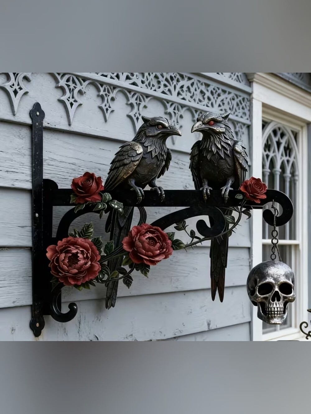 Decorative Metal Raven Wall Hook And Bracket with Red Roses - Black and Red